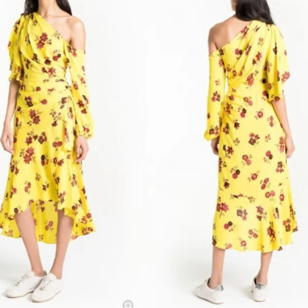 A.L.C Silk Florence Floral Ruffles Asymmetrical Midi Dress Linsey Yellow XS $675